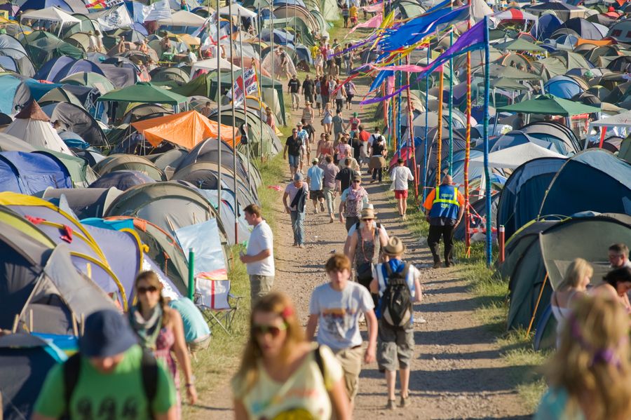 Camping area at the Glastonbury Festival, Somerset, England, UK