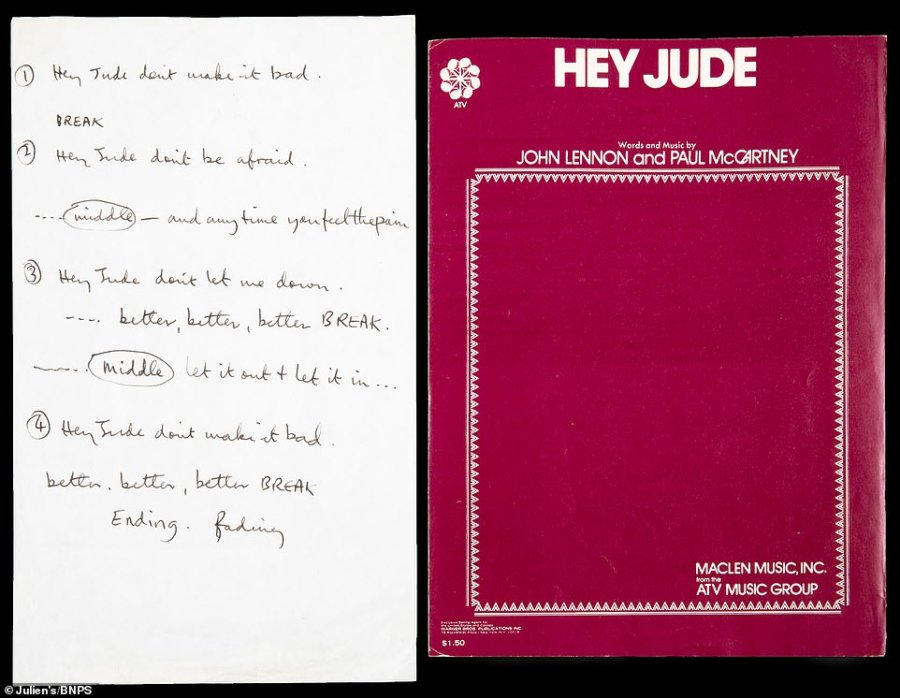 The Beatles' handwritten 'Hey Jude' lyrics sell for $910,000 at auction