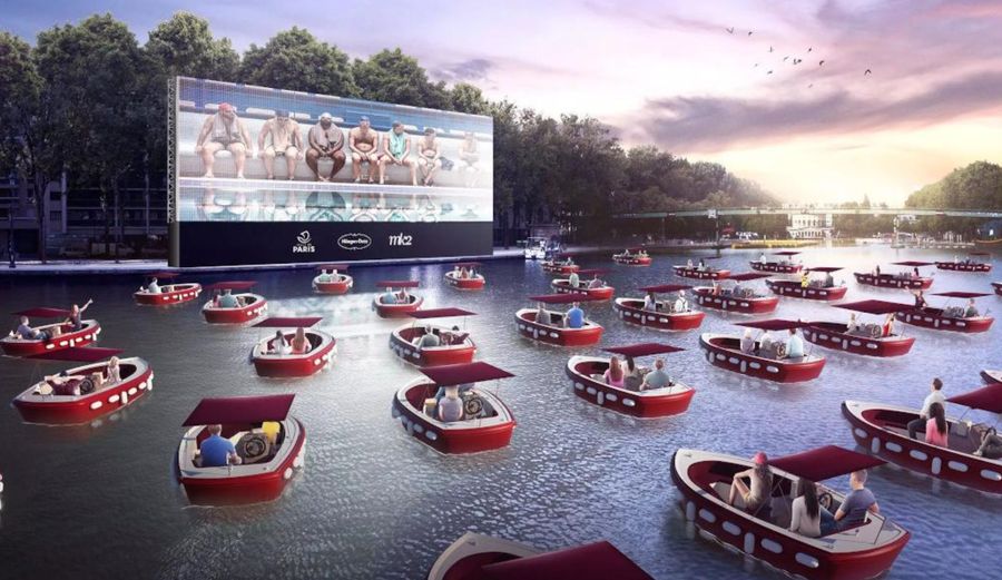 Floating cinema launching on the river Seine in Paris