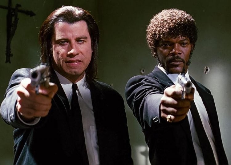 Samuel L. Jackson and John Travolta as mob hit men Jules Winnfield and Vincent Vega in Pulp Fiction