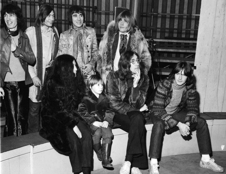 Beatles files 1968 John Lennon with Yoko Ono with son Julian Rolling Stones Bill Wyman Charlie Watts Brian Jones Keith Moon of The Who Eric Clapton