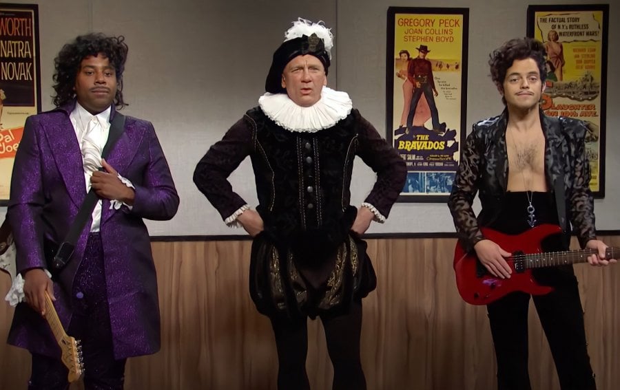 Daniel Craig and Rami Malek appear in a bizzare Prince-inspired sketch on 'SNL'