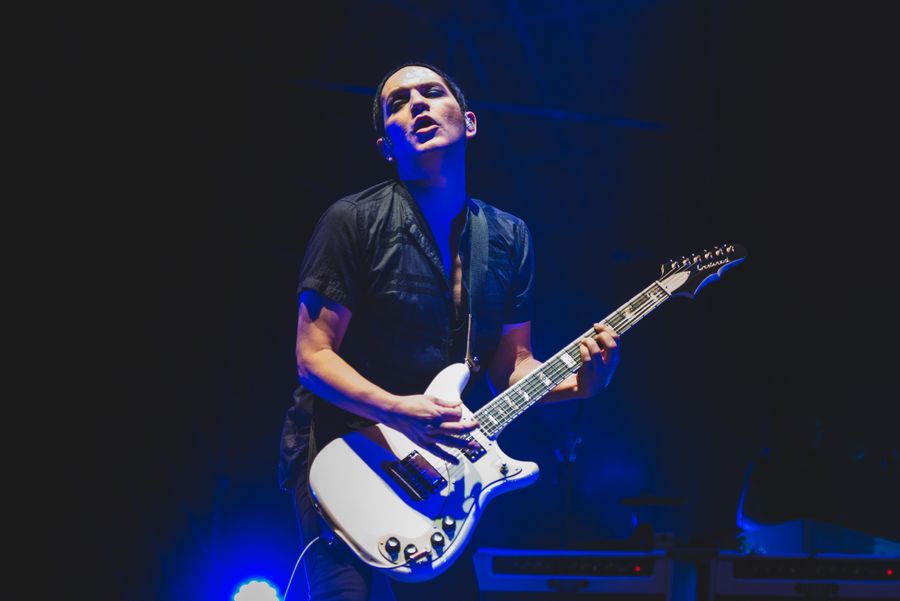 Brian Molko during Placebo performing live on stage at the Collisioni Festival 2017
