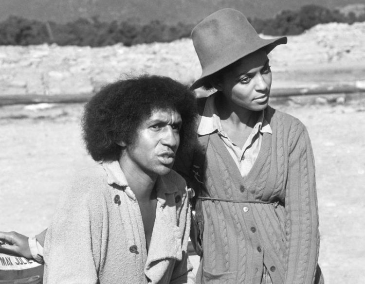 Max Julien and Vonetta McGee on the location set of Thomasina & Bushrod in New Mexico, 1973