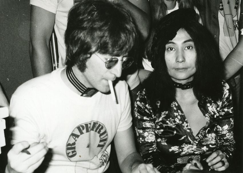 John Lennon and Yoko Ono at a Grapefruit book signing in Selfridges, London