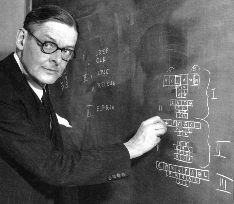 T.S. ELIOT (1888-1965) Anglo-American writer and poet about 1943 drawing a diagram