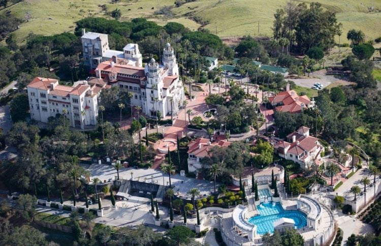 Aerial view of a castle on a hill, Hearst Castle, San Simeon, San Luis Obispo County, California,