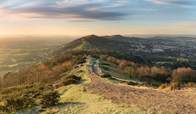 The winter sun rises over the Malvern hills