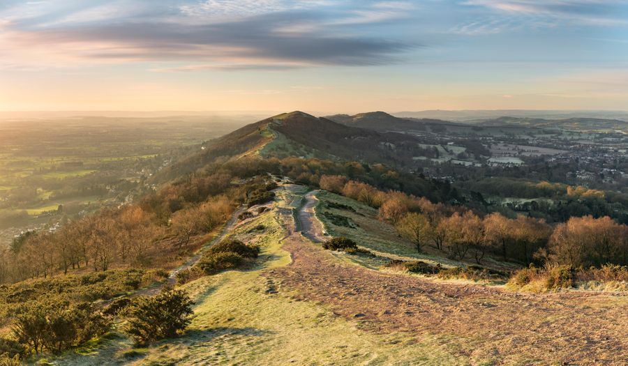 The winter sun rises over the Malvern hills