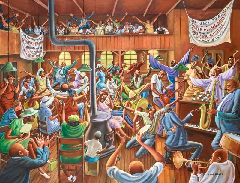 Ernie Barnes painting, 'Solid Rock Congregation',