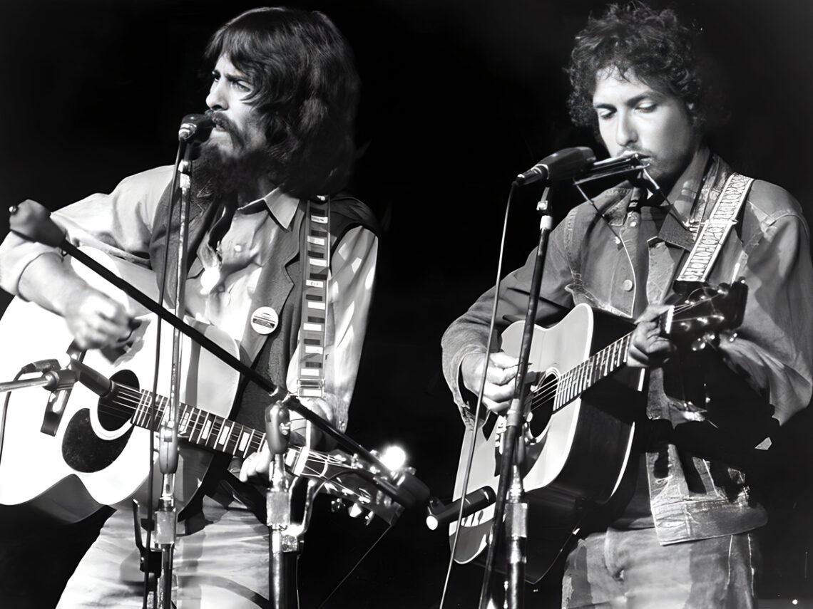 George Harrison and Bob Dylan at the Concert for Bangladesh - 1972