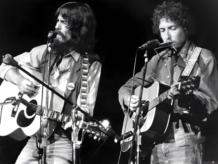 George Harrison and Bob Dylan at the Concert for Bangladesh - 1972