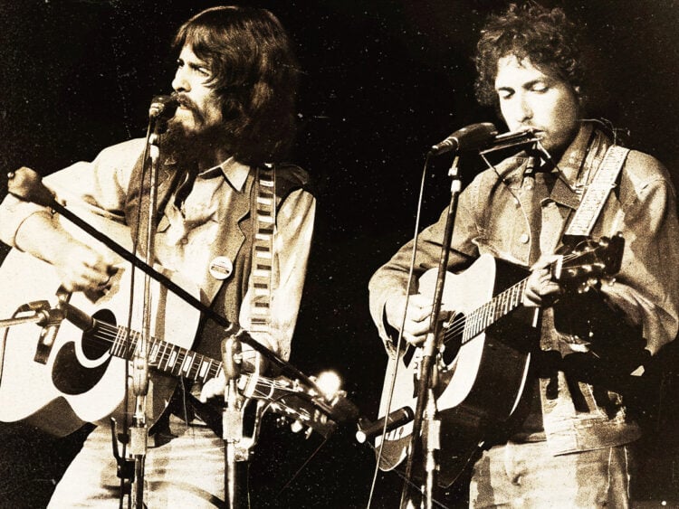 George Harrison and Bob Dylan at the Concert for Bangladesh - 1972
