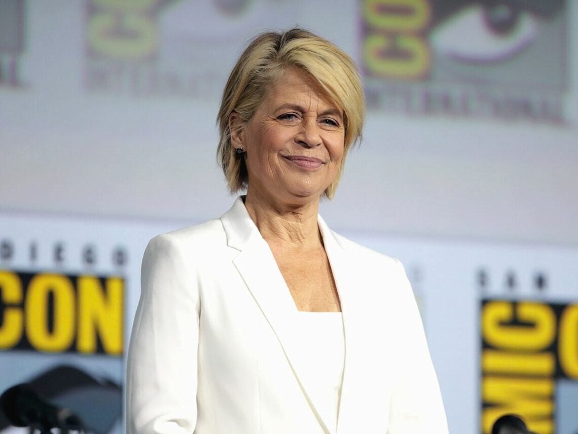 Linda Hamilton speaking at the 2019 San Diego Comic Con International, for "Terminator: Dark Fate", at the San Diego Convention Center in San Diego...