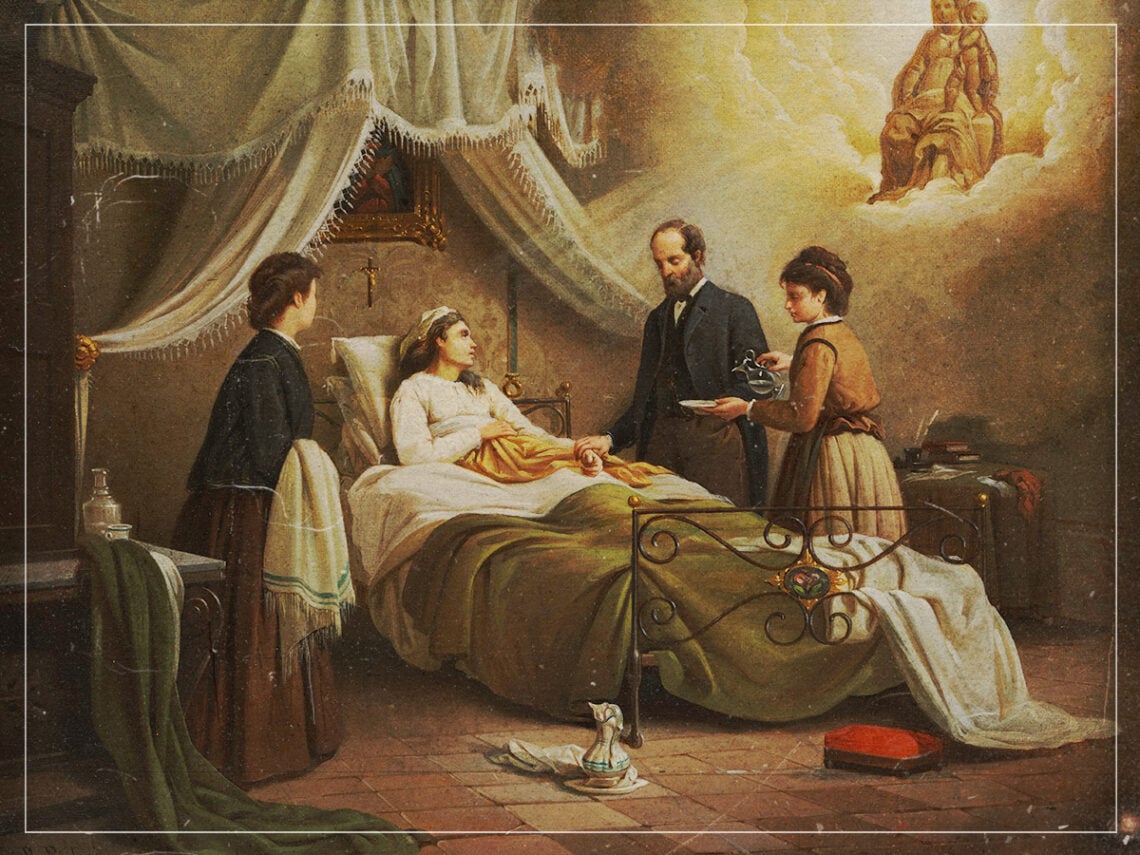 A woman in bed in a sick-room, attended by a physician - R. Pistoni. - Death