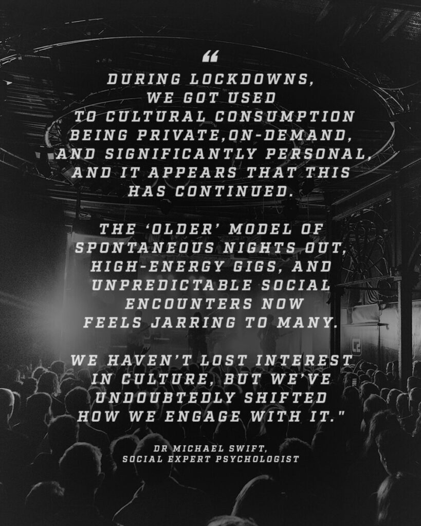 How is live music facing an existential crisis yet podcasts are selling out arenas?