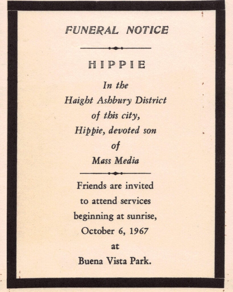 The mock funeral notice published in San Francisco promoting the event.