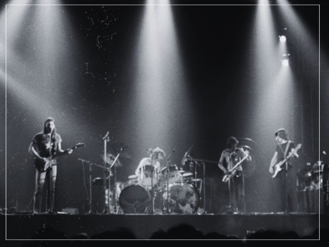 A live performance of The Dark Side of the Moon at Earls Court, shortly after its release in 1973: (l-r) Gilmour, Mason, Dick Parry, Waters