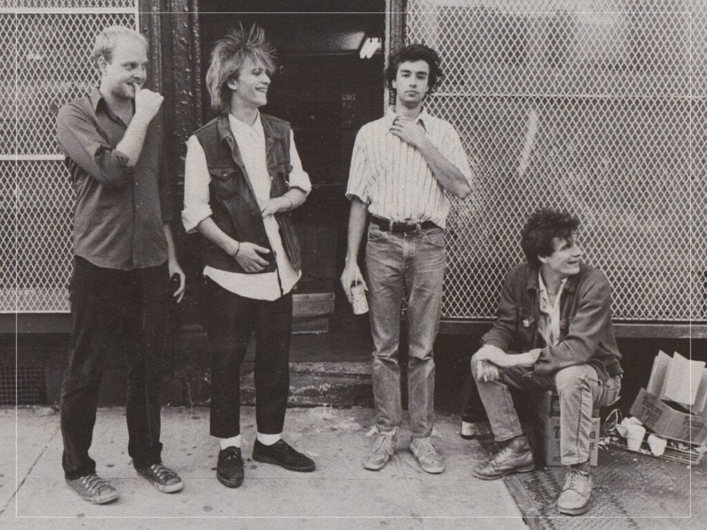 American rock band The Replacements in a 1984 publicity photo taken by Laura Levine. Left to right: Bob Stinson (lead guitar), Tommy Stinson (bass guitar), Chris Mars (drums), and Paul Westerberg (vocals & guitar).